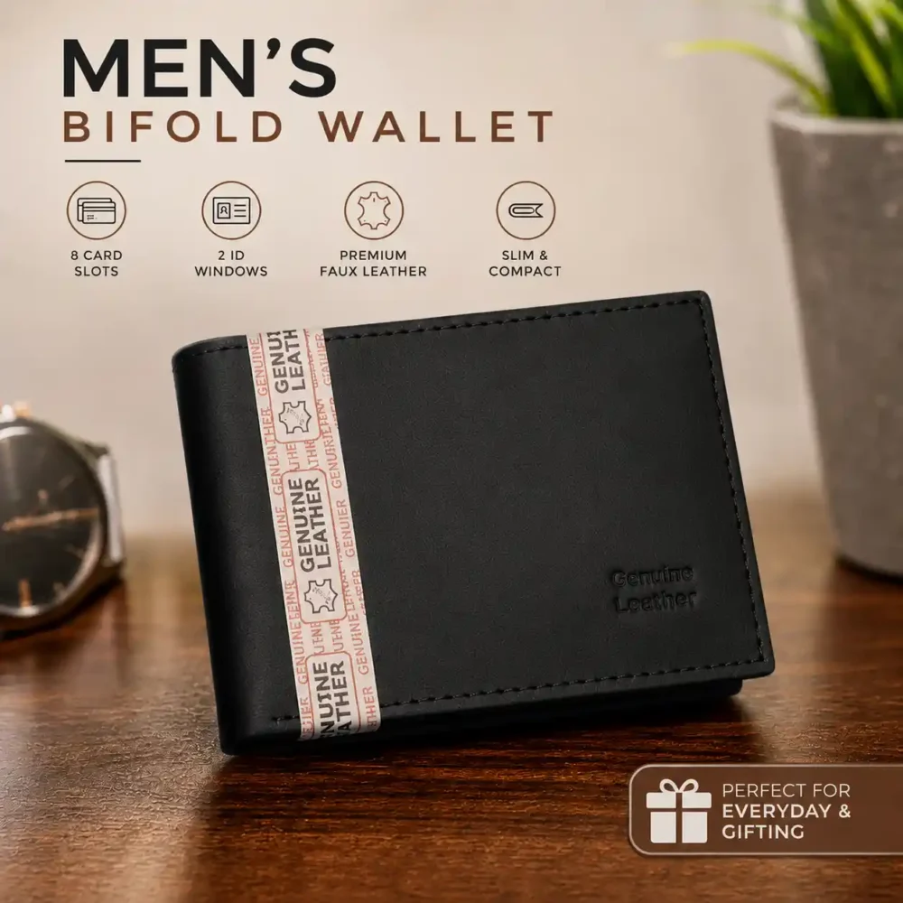 Men’s Faux Leather Bifold Wallet with ID Windows - Black PU Leather Wallet with ID Windows