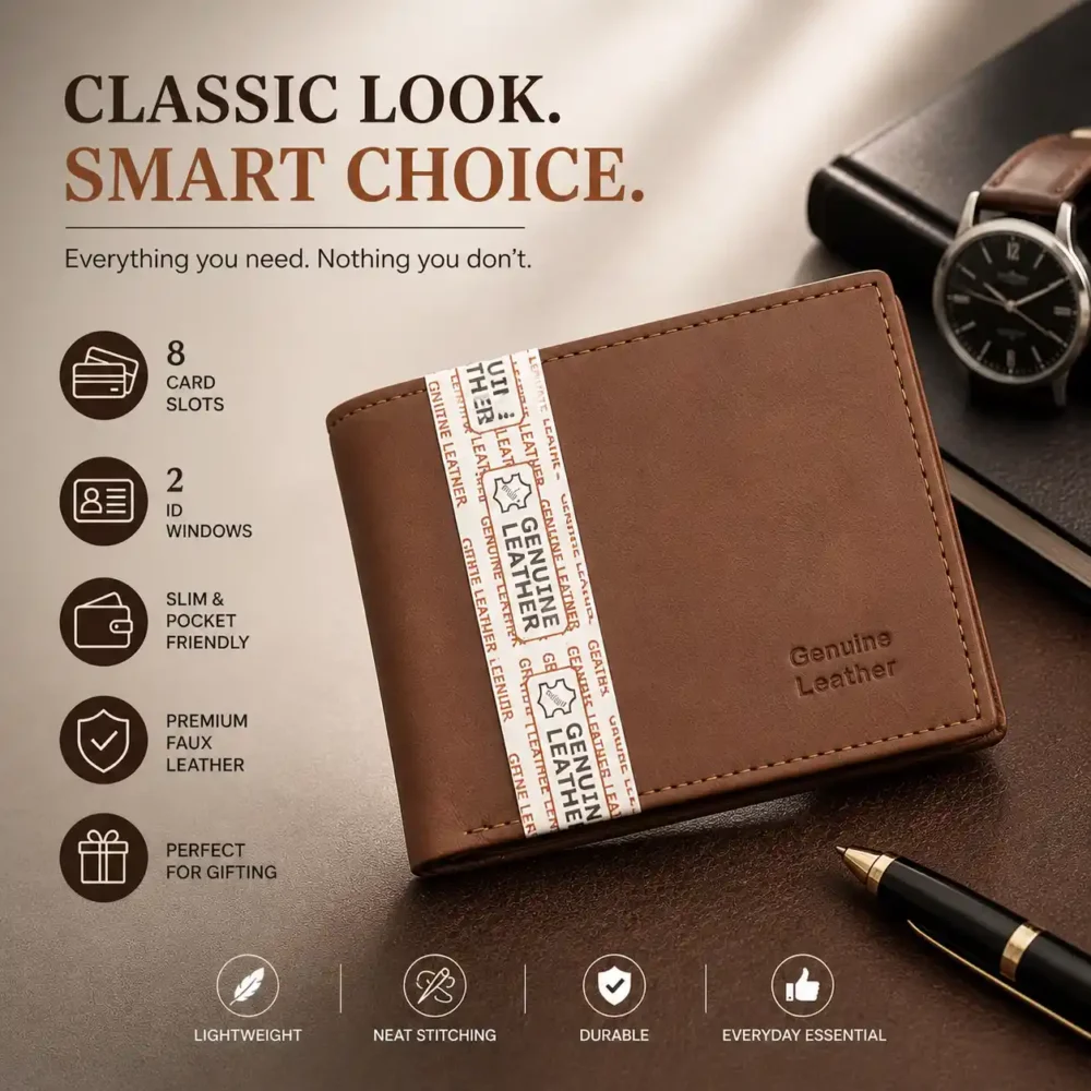 Men’s Faux Leather Bifold Wallet with ID Windows -Brown PU Leather Wallet with ID Windows
