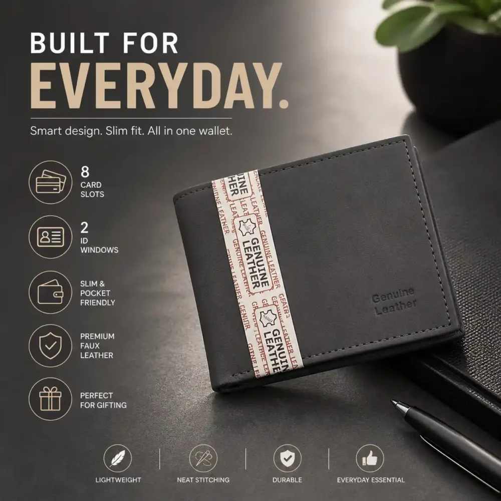 Men’s Faux Leather Bifold Wallet with ID Windows -Charcoal PU Leather Wallet