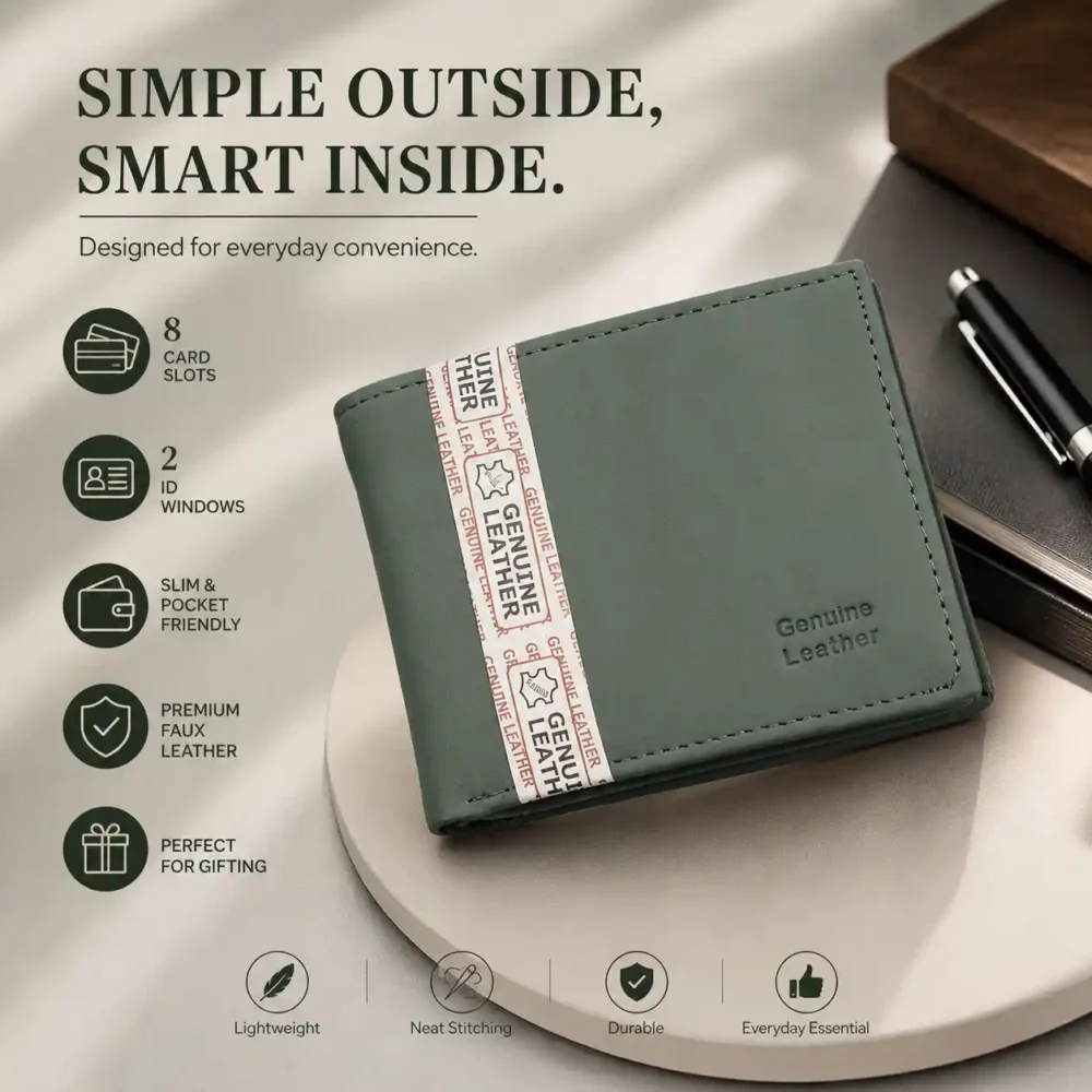 Men’s Faux Leather Bifold Wallet with ID Windows -Green PU Leather Wallet with ID Windows