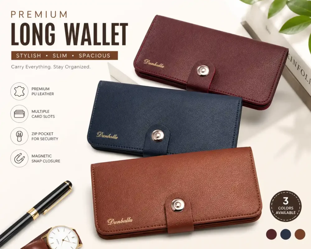 Premium Long PU Leather Wallet – Multi-Card Clutch Premium Long Wallet With Safety Button
