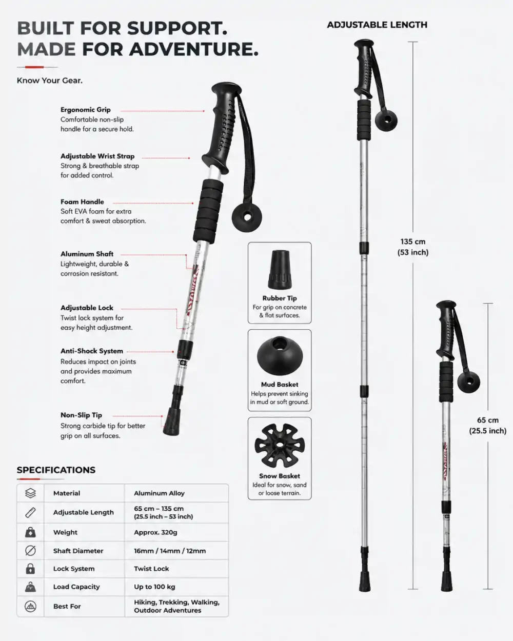 Trekking Pole - Walking Stick (Adjustable, Anti-Shock, Telescopic) - 4-Section Aluminum Alloy 4 Aluminum Telescopic Trekking Pole