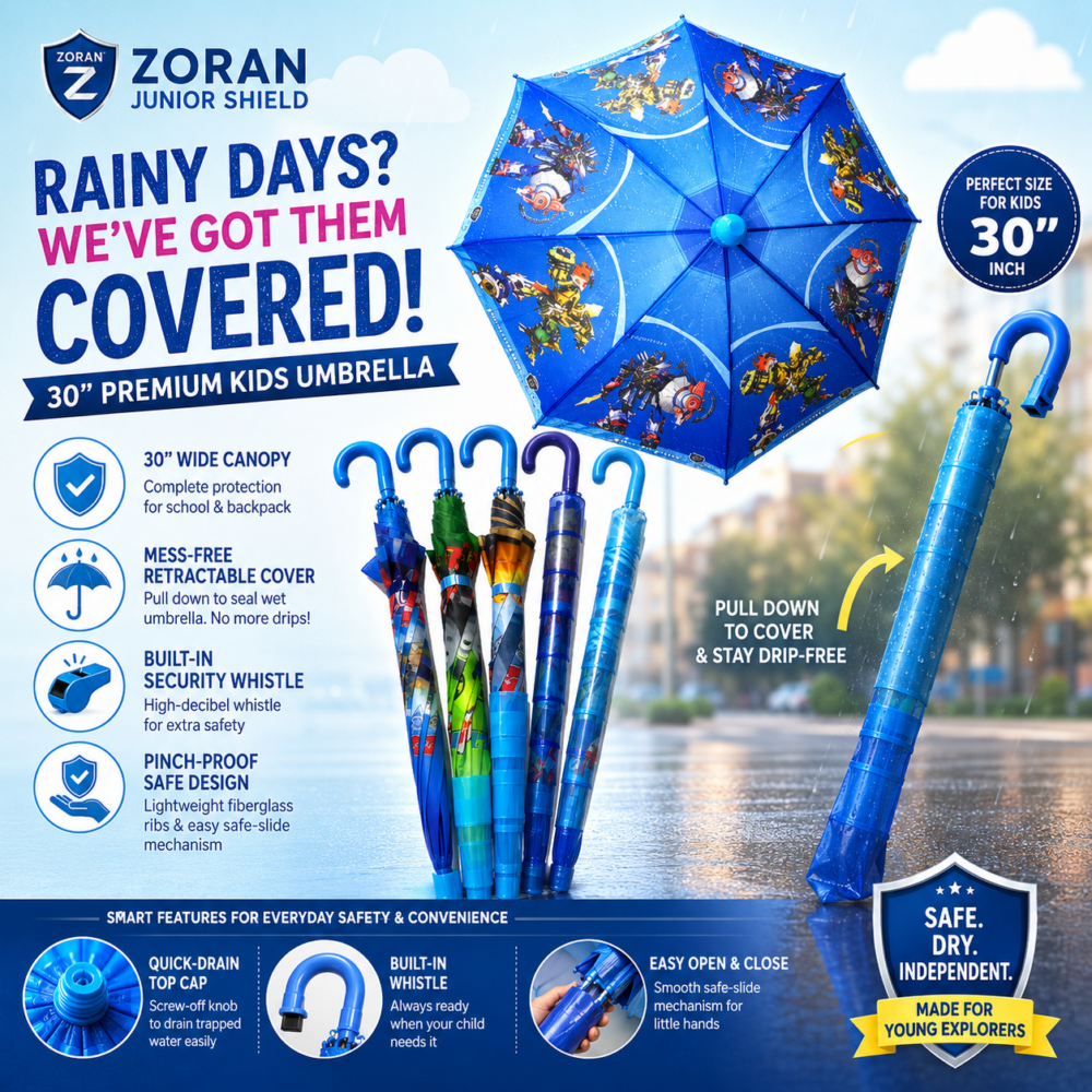 Zoran Junior Shield – 30-Inch Kids School Umbrella with Retractable Cover & Whistle Zoran Junior Shield