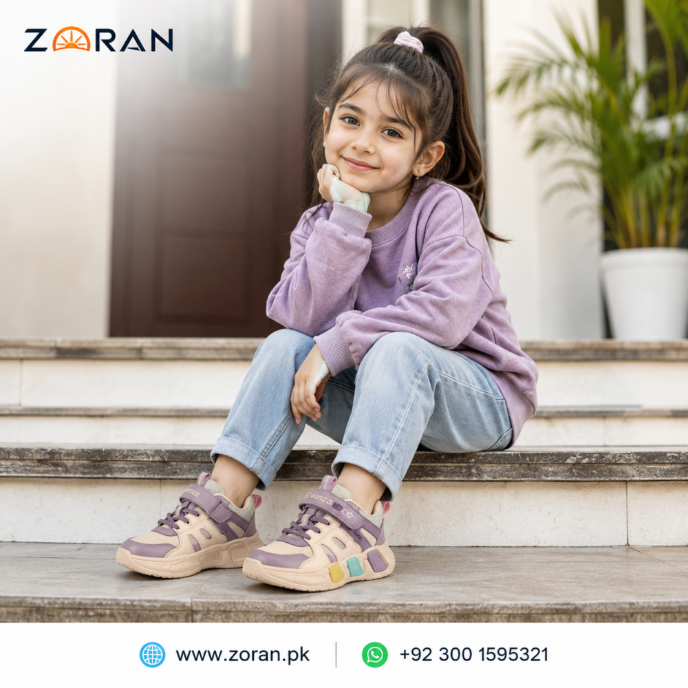 Dvanza Kids Sneakers – Premium Comfortable Breathable Sports Shoes in Purple & Beige