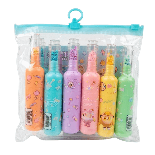 6 pastel bottle-shaped highlighters with decorative glitter-filled caps