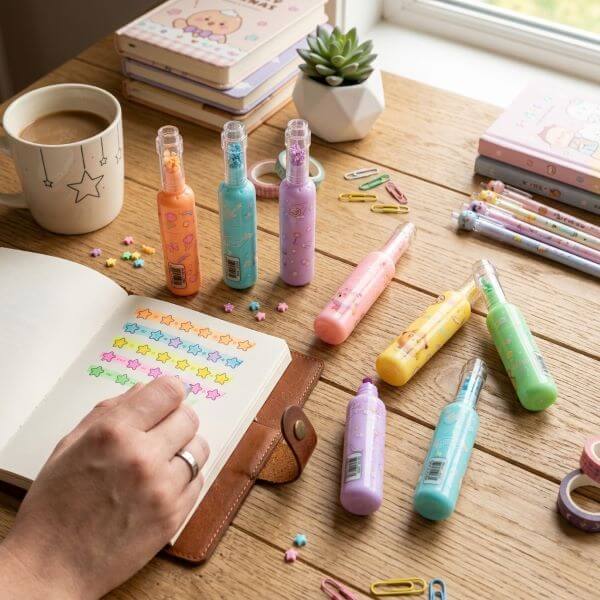 6 Cute Bottle-Shaped Pastel Highlighters with Glitter-Filled Caps - Image 2