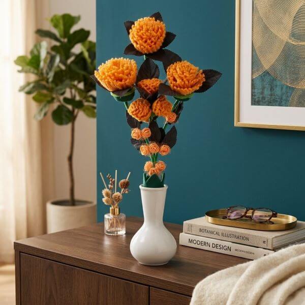Artificial Orange Flower Arrangement with White Vase - Image 2