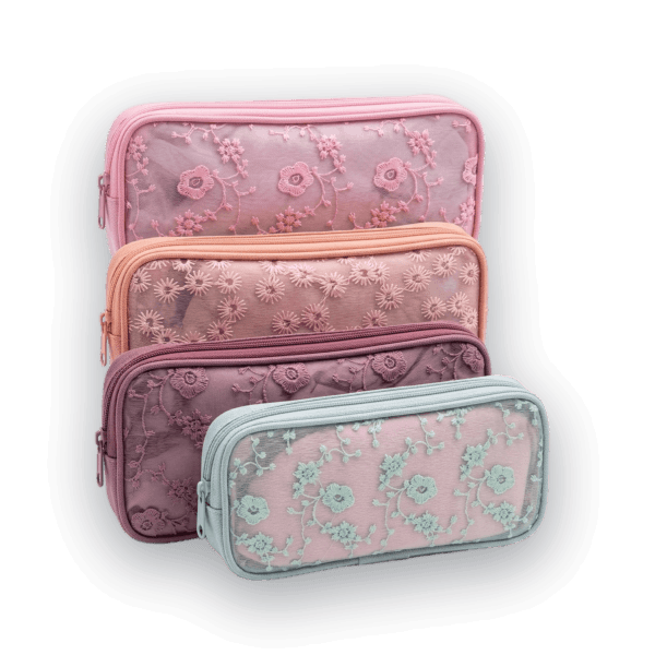 Embroidered Floral Mesh Pouch – Stylish Cosmetic & Utility Pouch