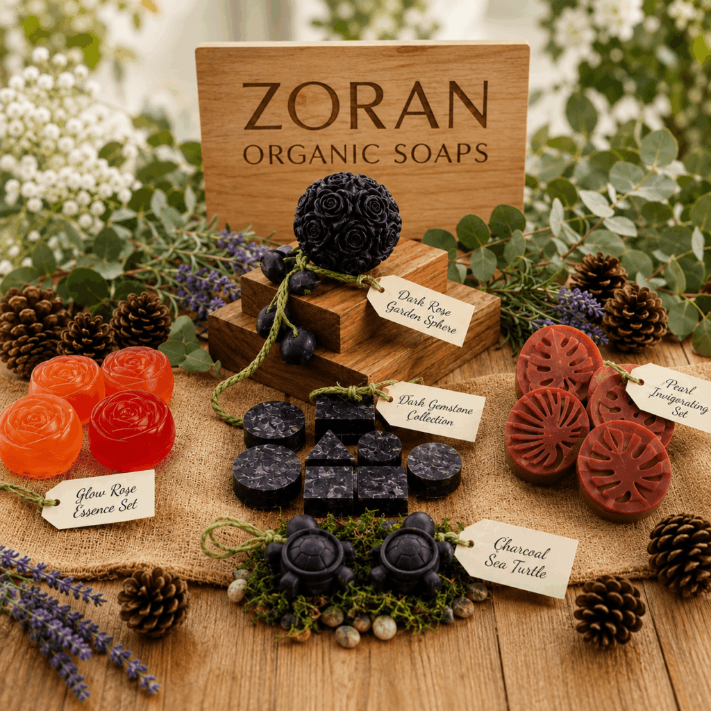 Four handcrafted natural soaps including charcoal, rose and botanical designs