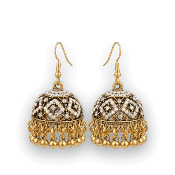 Golden Jhumka Earrings with Crystal Stones
