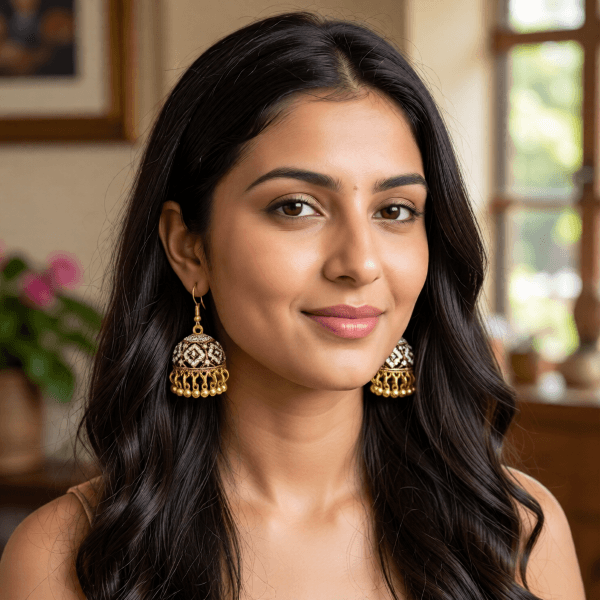 Golden Jhumka Earrings with Crystal Stones & Hanging Bells - Image 2