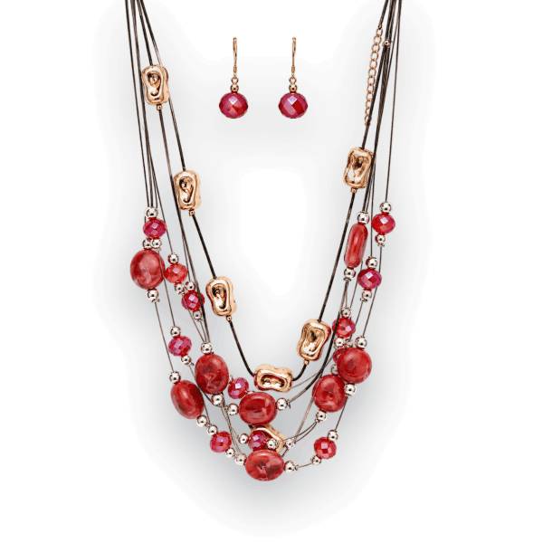 Red Multi-Strand Statement Necklace Set