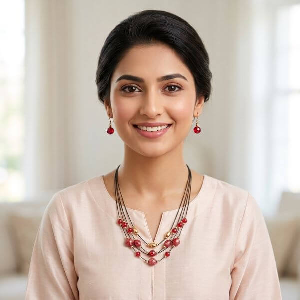 Red Multi-Strand Statement Necklace Set with Matching Earrings - Image 2