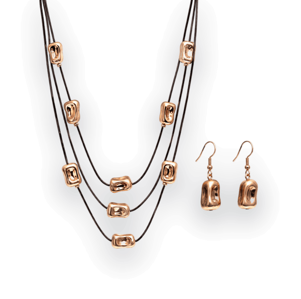 Rose Gold Layered Cord Necklace Set with Matching Earrings